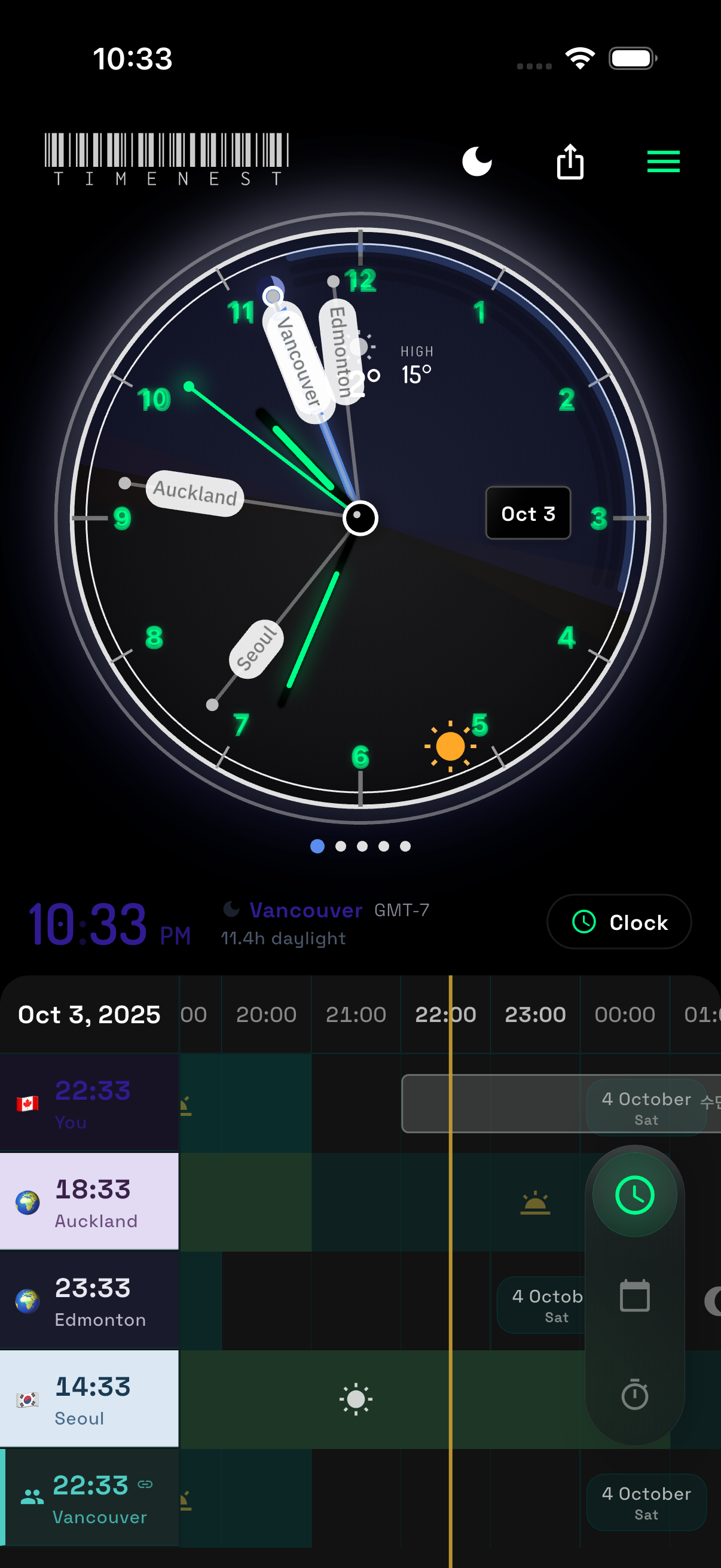 TimeNest travel app dark mode - track family and destinations across time zones