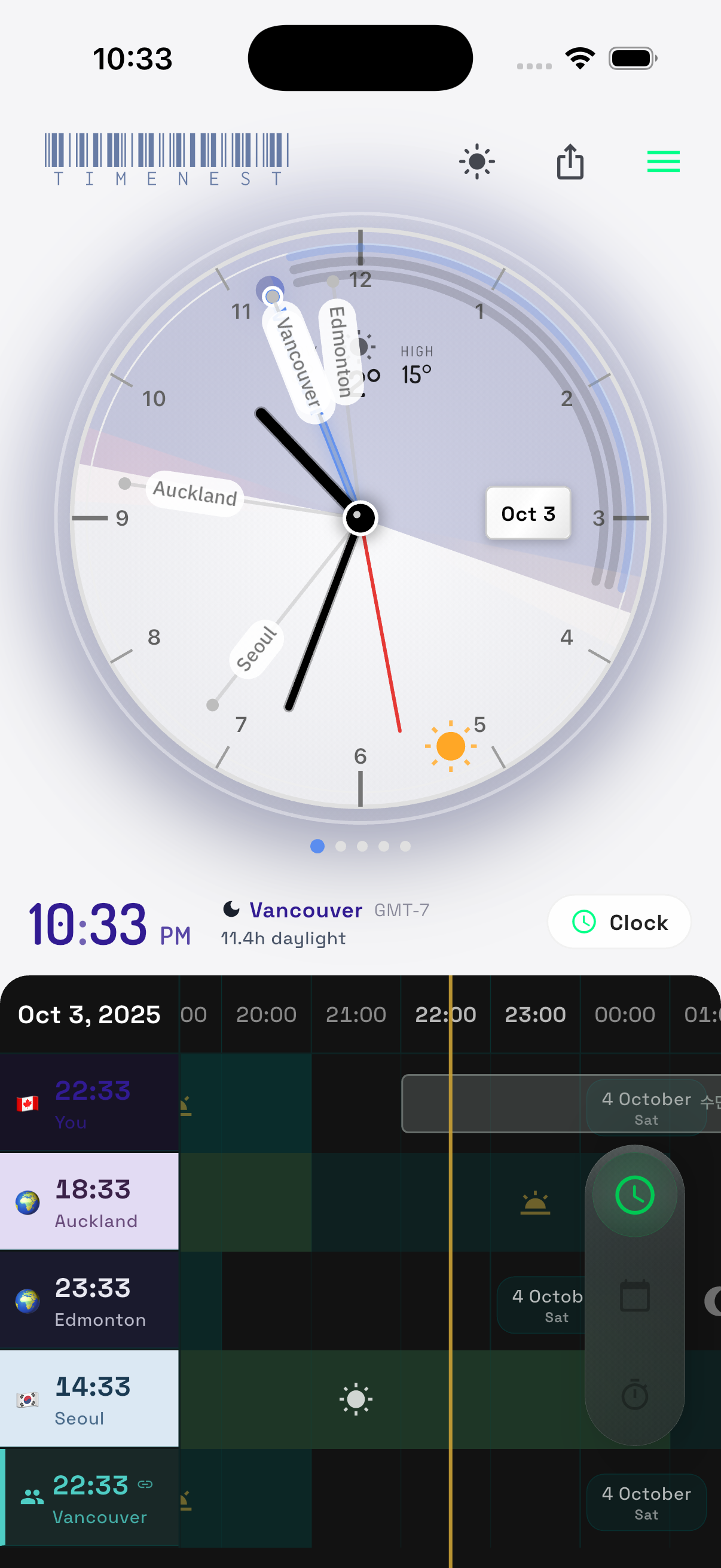 TimeNest travel app light mode - world clock and time zones for travelers
