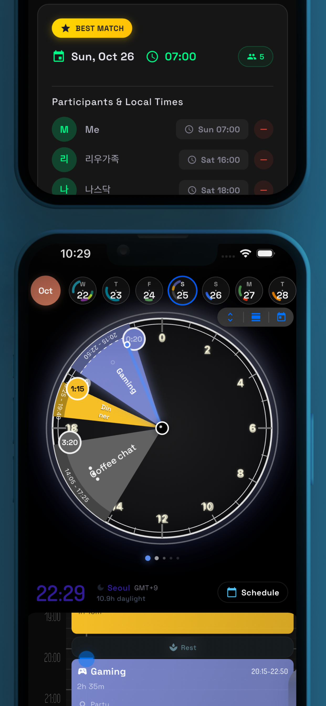 Global team time zone coordination with best match suggestions