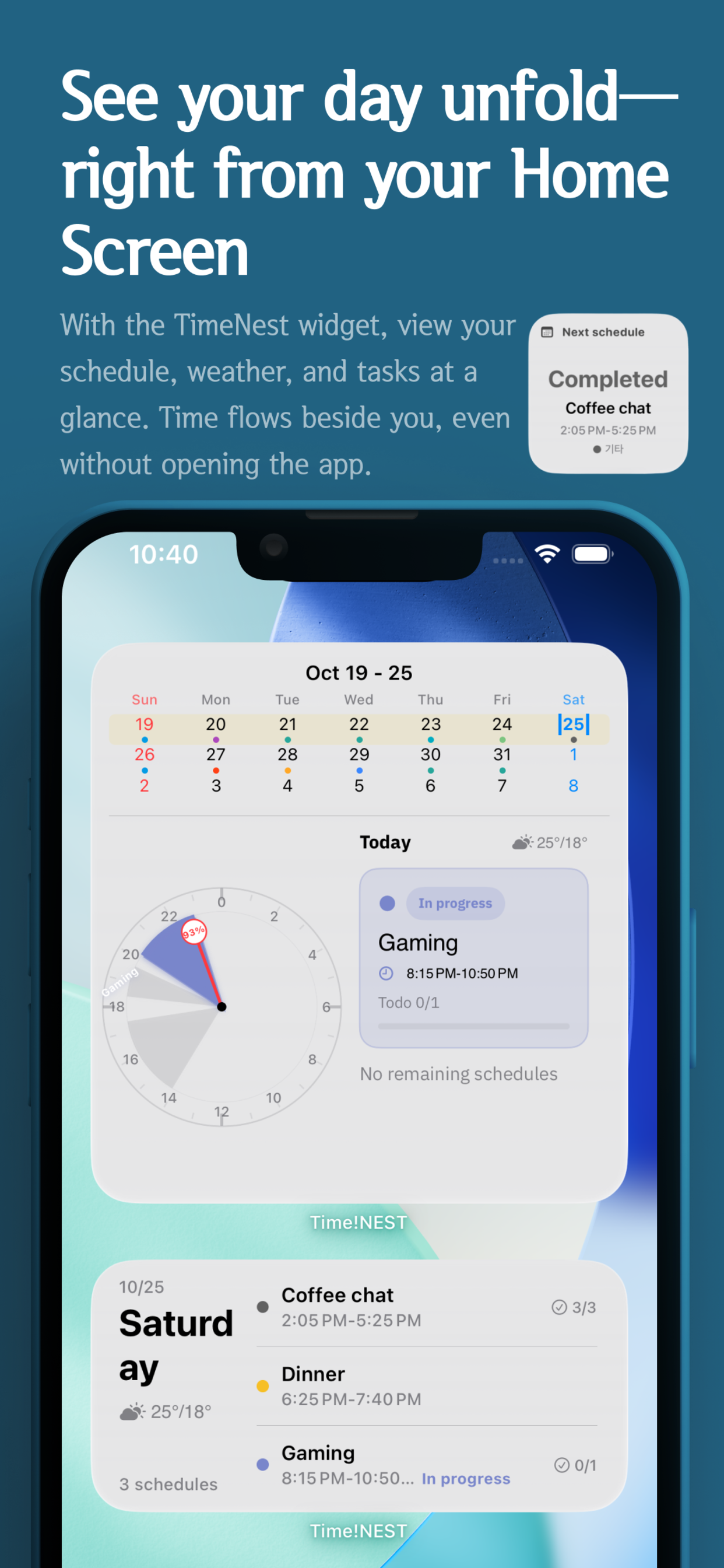 iOS home screen widget showing schedule and weather